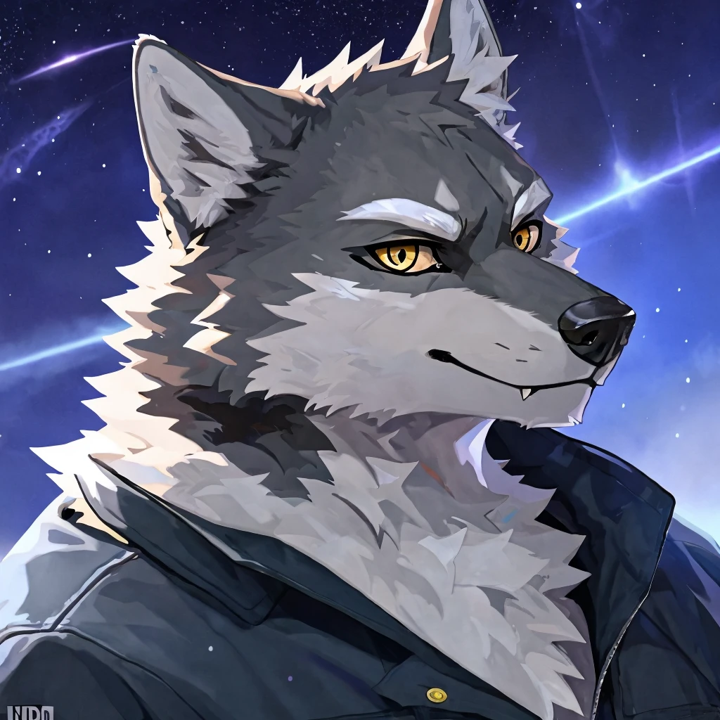fang, dogboy,wolf, Gray Wolf,UHD,,Golden pupils,Black pupils,Platinum Mech,Starry Sky,White eyebrows,individual