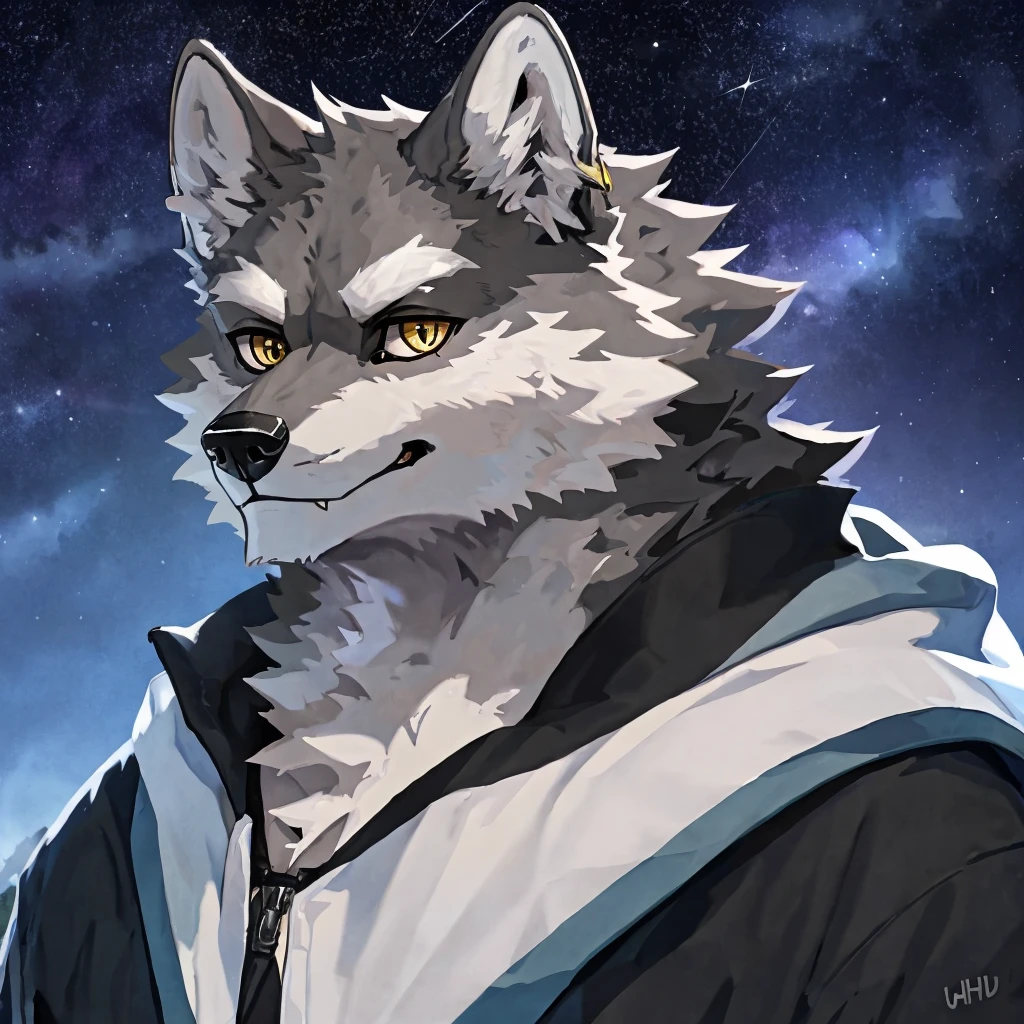 fang, dogboy,wolf, Gray Wolf，UHD，，Golden pupils，Black pupils，Platinum Mech，Starry Sky，White eyebrows，individual
