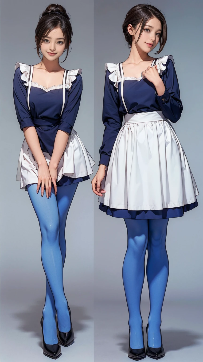 ((masterpiece)),(((Highest quality))),((Character design sheet)),Thin thighs,Long legs,Bunny girl in a light blue maid outfit:1.5,Wearing light blue tights:1.5,The best smile:1.5,Full Body Shot:1.5,Gray background:1.5,Wearing black high heels:1.5,short cut side waves:1.5,