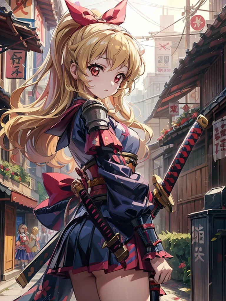a drawing of a woman with long hair that looks like a samurai, 1girl, solo, weapon, sword, long hair, katana, Blonde hair, armor,Samurai girl,Ichigo Hoshimiya (Aikatsu!),samurai,