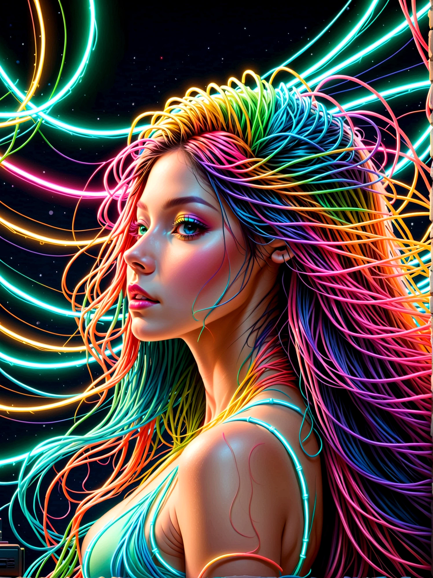 (medium shot) (womans hair is made from thin multicolored neon tendrils:1.7) (long thin multicolored neon string hair is flowing down her body), her hair made of thin multicolored neon tendrils is conforming to and covering her body forming a dress, (neon fibers:1.05), ((cables of neon strings)), scenery is cables and tech, intricate and detailed tech gear chaos, beautiful detailed glow, tentacles of thin multicolored neon strings writhing around, chaos of cables around, neon tendrils flowing, (cables and multicolored neon strings swirling around the character:1.1), (detailed:1.05), (ultra-detailed:1.1), (detailed light:1.05)