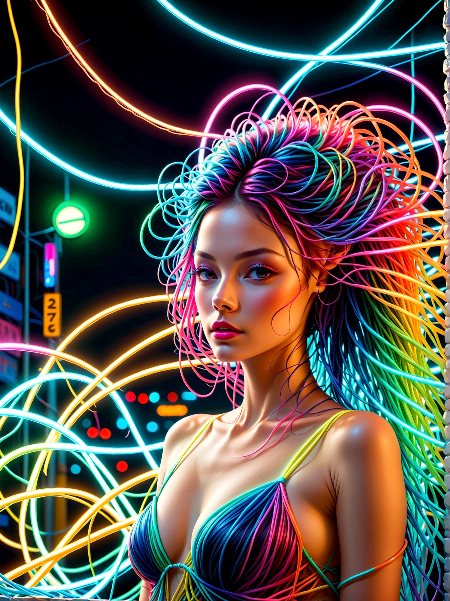 (medium shot) (womans hair is made from thin multicolored neon tendrils:1.7) (long thin multicolored neon string hair is flowing down her body), her hair made of thin multicolored neon tendrils is conforming to and covering her body forming a dress, (neon fibers:1.05), ((cables of neon strings)), scenery is cables and tech, intricate and detailed tech gear chaos, beautiful detailed glow, tentacles of thin multicolored neon strings writhing around, chaos of cables around, neon tendrils flowing, (cables and multicolored neon strings swirling around the character:1.1), (detailed:1.05), (ultra-detailed:1.1), (detailed light:1.05)
