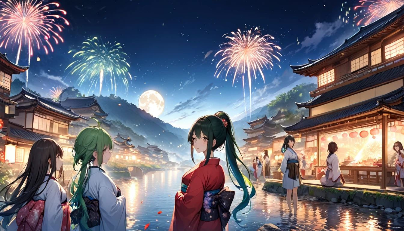 panoramic (in the night Countryside Tian Ying), (detailed background is Beautiful stream, full moon and many detailed fireworks), (back style, in a kimono), break, ((8girls)), look at fireworks, (1 girl is blue long hair), (1 girl is silver long hair), (1 girl is ponytail green hair), (1 girl is brown bob short hair), (1 girl is brown long hair), (3 girls are black long hair), BREAK, perfect anatomy, masterpiece, best quality, 16k, beautiful detailed grow, daydreaming expression.