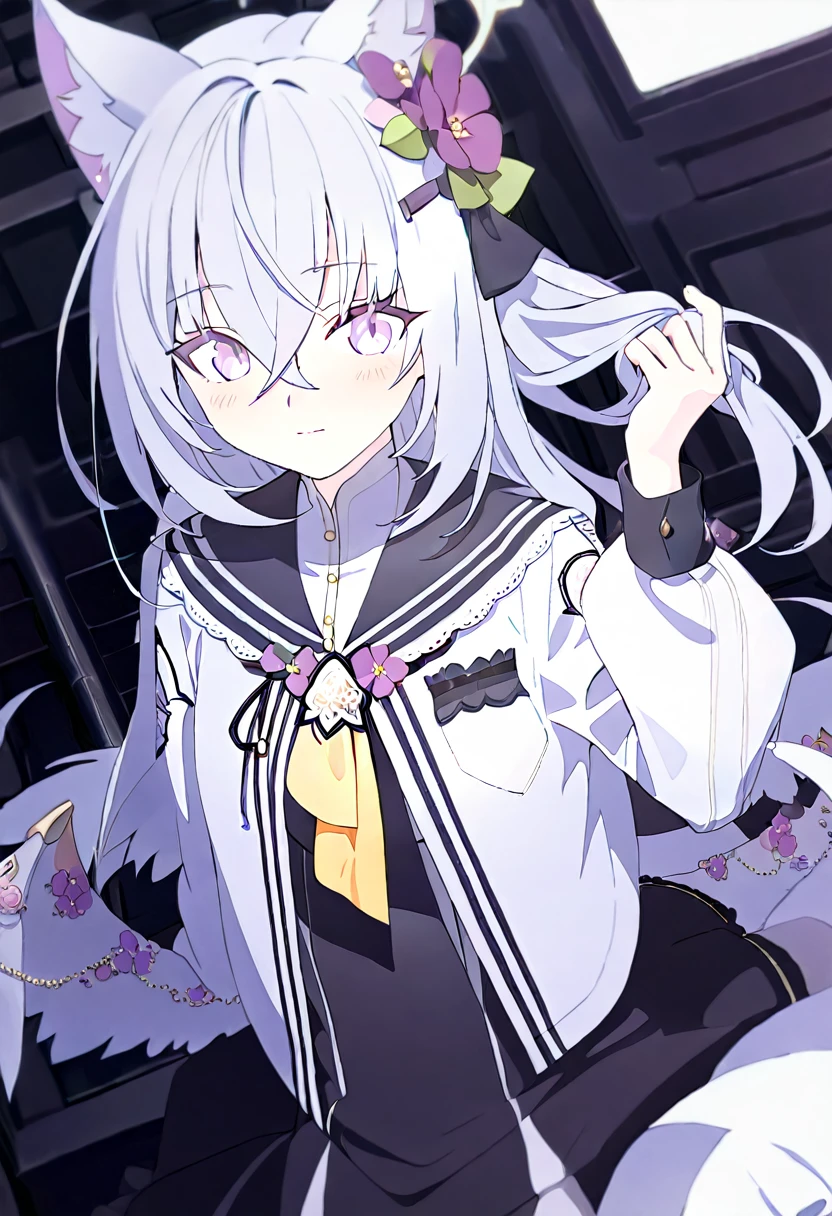 azusa \(blue archive\),1girl animal_ear_fluff animal_ears black_dress black_sailor_collar blush cat_ears cat_tail closed_mouth crossed_bangs dress flower hair_flower hair_ornament halo holding holding_own_hair jacket kemonomimi_mode long_hair long_sleeves looking_at_viewer low_wings neck_flower neck_ribbon neckerchief purple_eyes ribbon sailor_collar simple_background solo tail two-tone_dress upper_body white_background white_dress white_hair white_jacket white_wings wings yellow_neckerchief little_smile