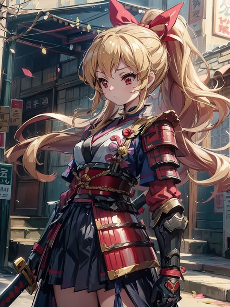 a drawing of a woman with long hair that looks like a samurai, 1girl, solo, weapon, sword, long hair, katana, Blonde hair, armor,Samurai girl,Ichigo Hoshimiya (Aikatsu!),samurai,