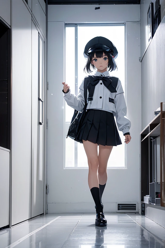 Top-Quality, Futuristic Atmosphere: 1.5,
japanese school girl (a la Jay Kay),tween, cute,detailed face, stylish hat: 1.4,black school-uniform: 1.3,
Dancing in a minimalistic white room: 1.5,(Room without window and door),simple room with only a sofa,
Sleek, clean design with a glossy white floor: 1.4,(White furniture),
Subtle reflections on the floor,
Slightly surreal, reminiscent of the iconic music video 'Virtual Insanity' by jamiroquai,