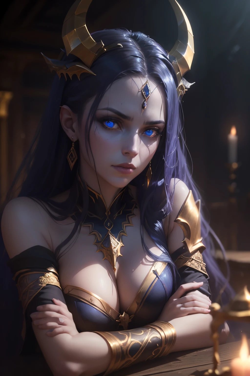 demonic goddess, astarte, mysterious and ominous, glowing blue eyes, graceful yet sinister pose, dramatic lighting, moody and atmospheric, cinematic camera angle, (best quality,4k,8k,highres,masterpiece:1.2),ultra-detailed,(realistic,photorealistic,photo-realistic:1.37), volumetric lighting, golden hour