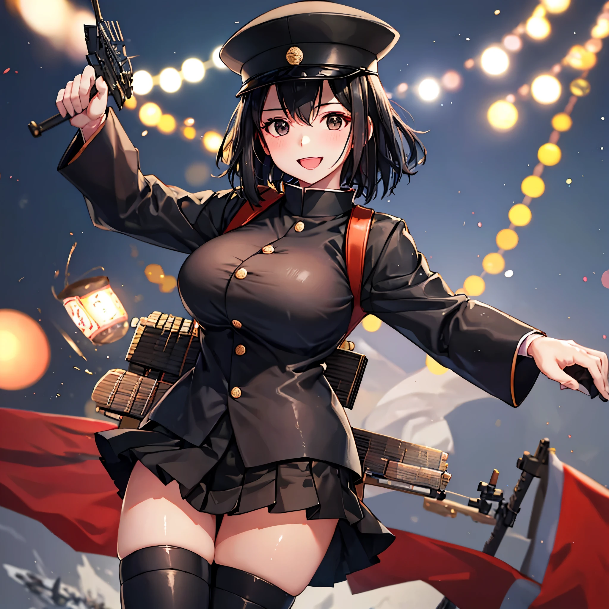 A woman wearing a black Japanese military uniform, black skirt, black imperial Japanese military hat, short black hair, black eyes, in a military naval port, Japanese flag in the background, Japanese aesthetics in place, big breasts, smiling...UHD , work- prime, precise, anatomically correct, textured skin, super details, high quality, best quality, 8k, high resolution, bokeh effect. (woman solo)
