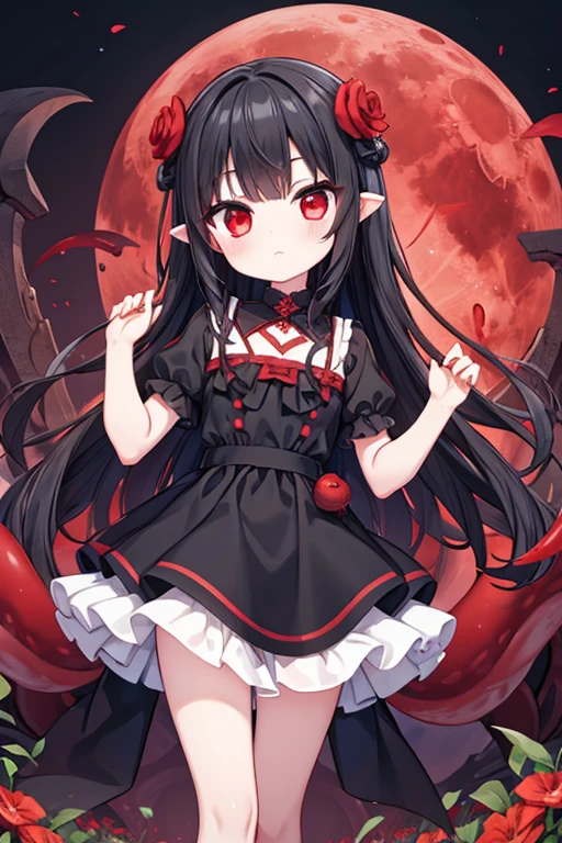 Girl, blood moon, black hair, red eyes, black and red tentacles, white flowerfield