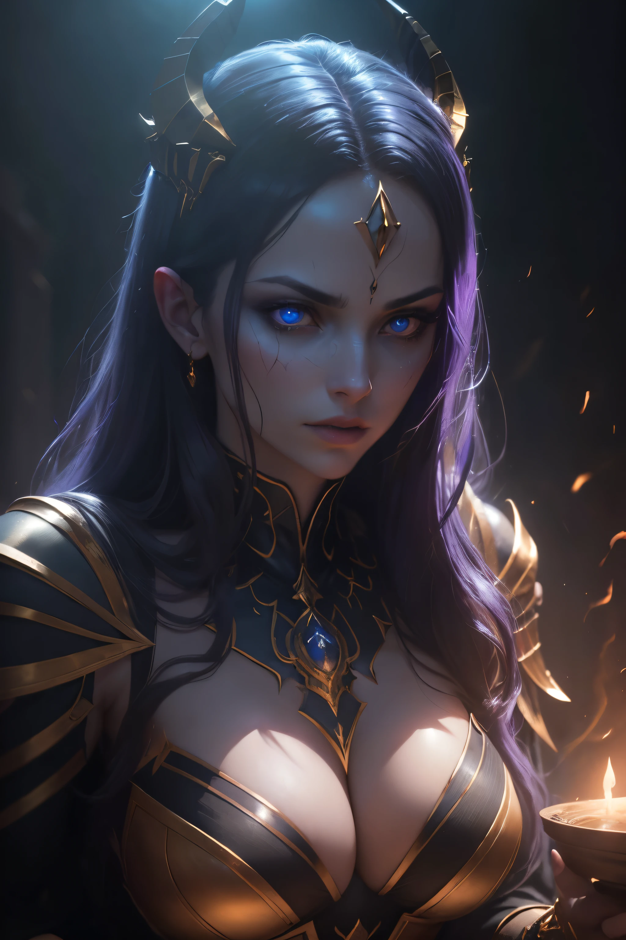 demonic goddess, astarte, mysterious and ominous, glowing blue eyes, graceful yet sinister pose, dramatic lighting, moody and atmospheric, cinematic camera angle, (best quality,4k,8k,highres,masterpiece:1.2),ultra-detailed,(realistic,photorealistic,photo-realistic:1.37), volumetric lighting, golden hour
