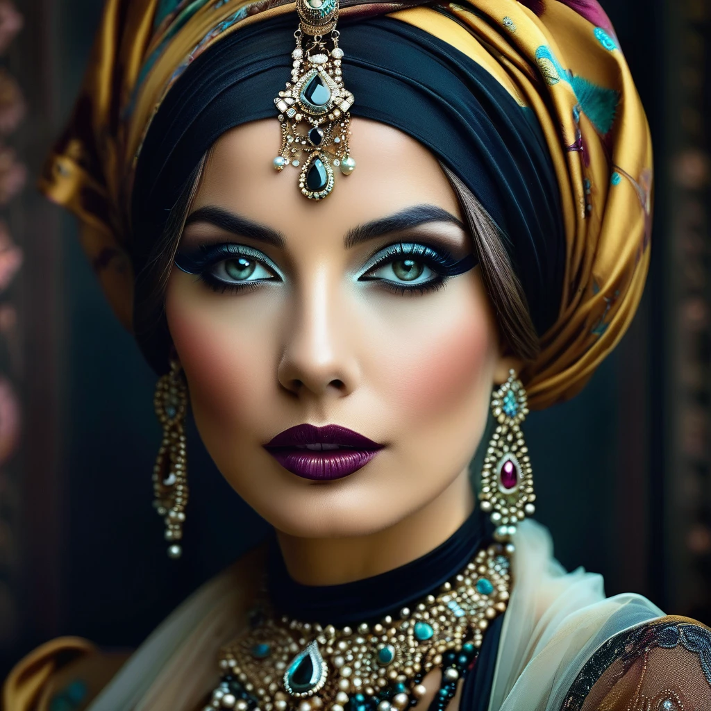 A realistic, close-up portrait of a 1920s retro fortune teller facing forward. She wears an elegant headscarf adorned with jewels, vintage jewelry, and dark, bold makeup characteristic of the era. Her mysterious eyes gaze directly at the viewer, capturing a sense of mystique and allure.