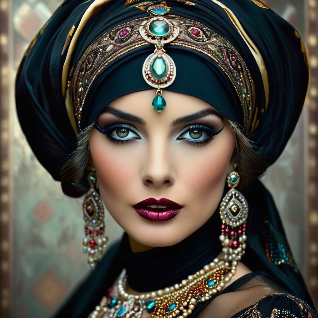 A realistic, close-up portrait of a 1920s retro fortune teller facing forward. She wears an elegant headscarf adorned with jewels, vintage jewelry, and dark, bold makeup characteristic of the era. Her mysterious eyes gaze directly at the viewer, capturing a sense of mystique and allure.