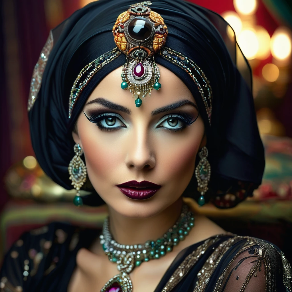 A realistic, close-up portrait of a 1920s retro fortune teller facing forward. She wears an elegant headscarf adorned with jewels, vintage jewelry, and dark, bold makeup characteristic of the era. Her mysterious eyes gaze directly at the viewer, capturing a sense of mystique and allure.