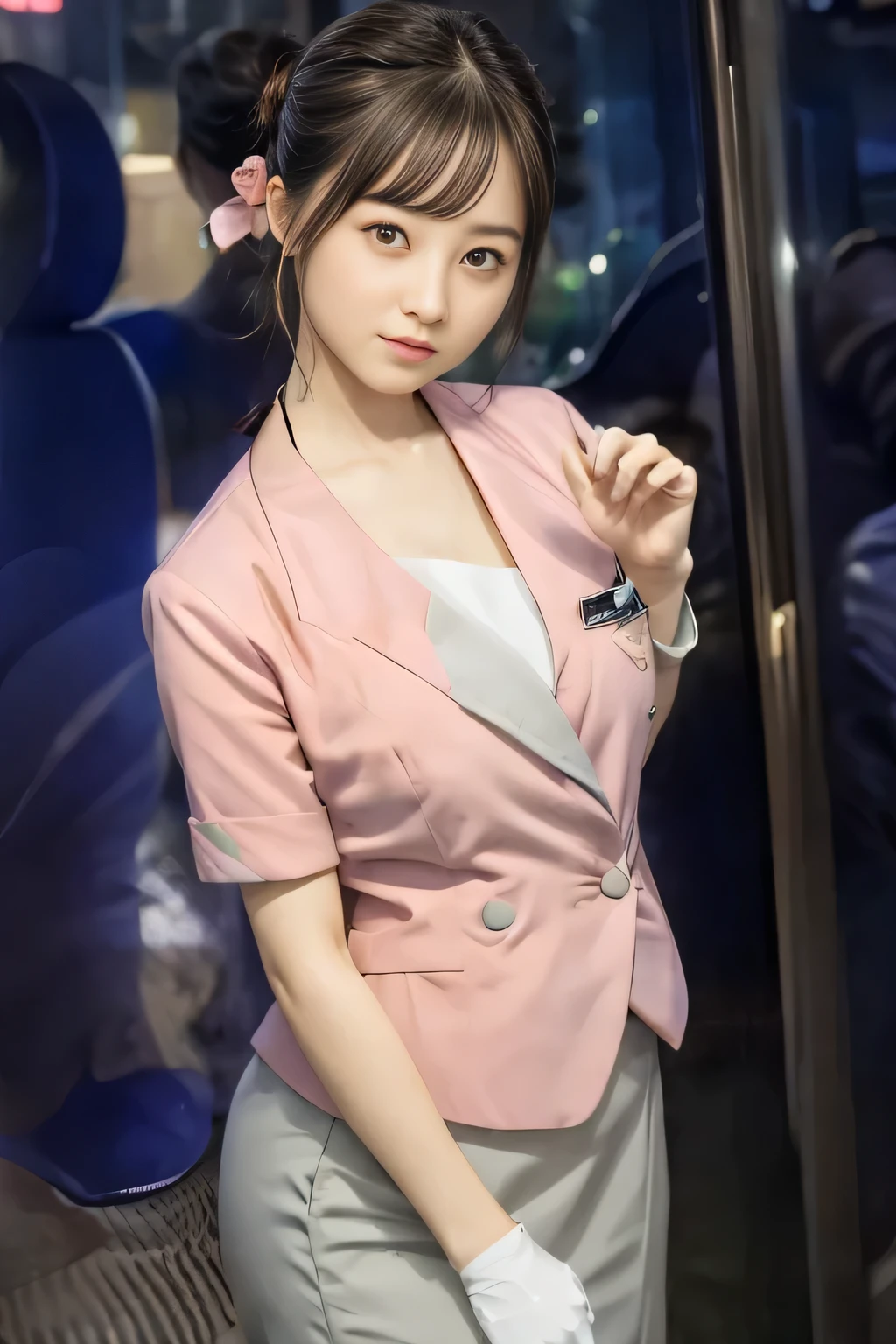 (masterpiece:1.2, Highest quality:1.2), 32K HDR, High resolution, (alone、1 girl)、（On the rooftop of a building in the daytime、Professional Lighting）、Building rooftop background、（Nankai train crew uniform pinkを着たリアルスタイル）、（Nankai train crew uniform pink short sleeve collarless pink jacket、Nankai Train Crew Uniform Pink Collarless Short Sleeve Blouse、Nankai Train Crew Uniform Pink Grey Knee-length Culottes）、（（The bottom of the pink short-sleeved jacket cannot be tucked into the clay-colored culottes.））、Dark brown hair、（Hair tied up、Hair Bun、Hair Bun）、Dark brown hair、Long Shot、Big Breasts、Thin legs、（（Great hands：2.0）），（（Harmonious body proportions：1.5）），（（Normal limbs：2.0）），（（Normal finger：2.0）），（（Delicate eyes：2.0）），（（Normal eyes：2.0））)、（Nankai Train Crew Uniform Pink Grey Knee-length Culottesを見せた美しい立ち姿）、smile