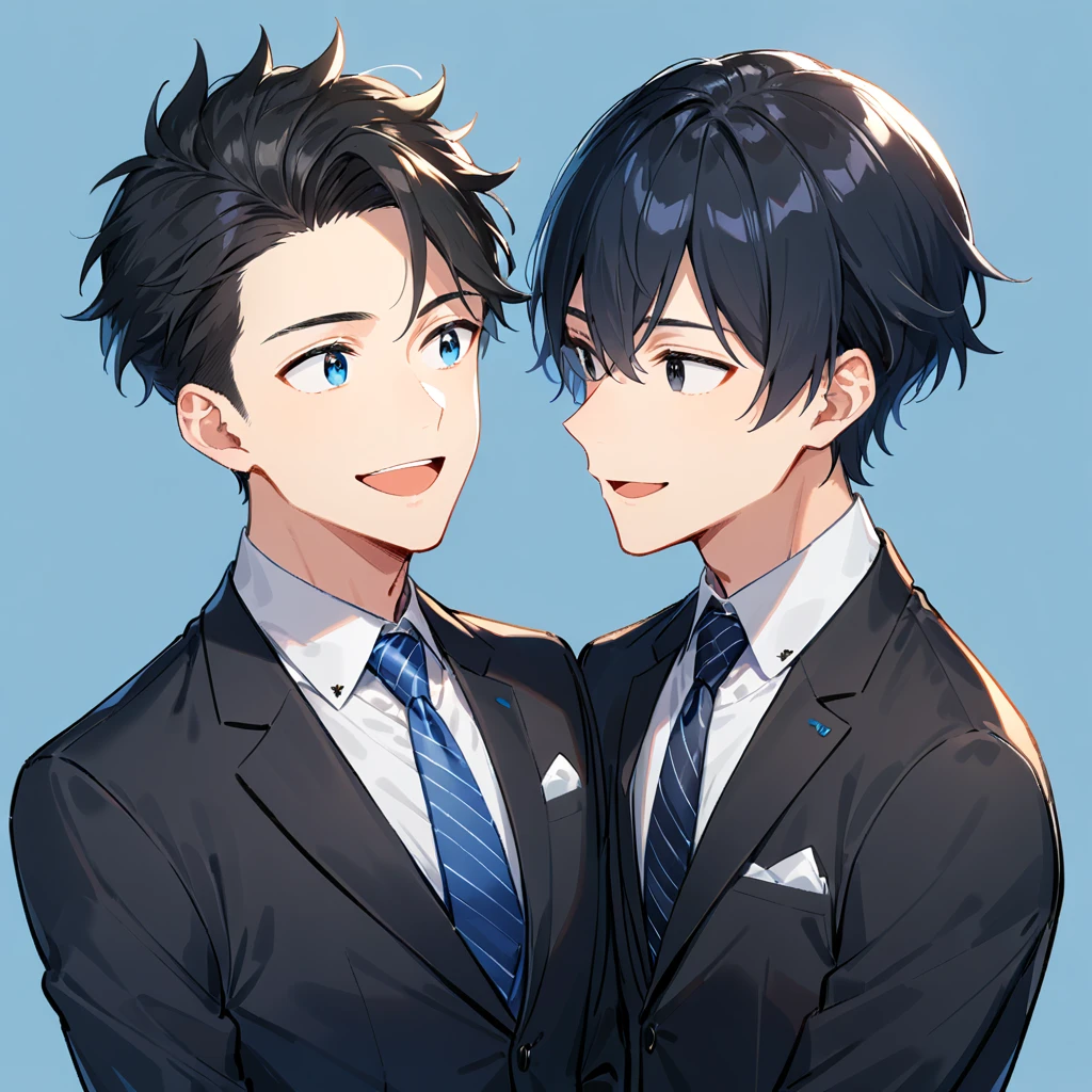 2boy, blue background, necktie, male focus, black hair, blue eyes, simple background, smile, formal, open mouth, suit, black eyes, upper body, shirt, looking at another, short hair, collared shirt, jacket, , ((medium quality)), ((medium quality))