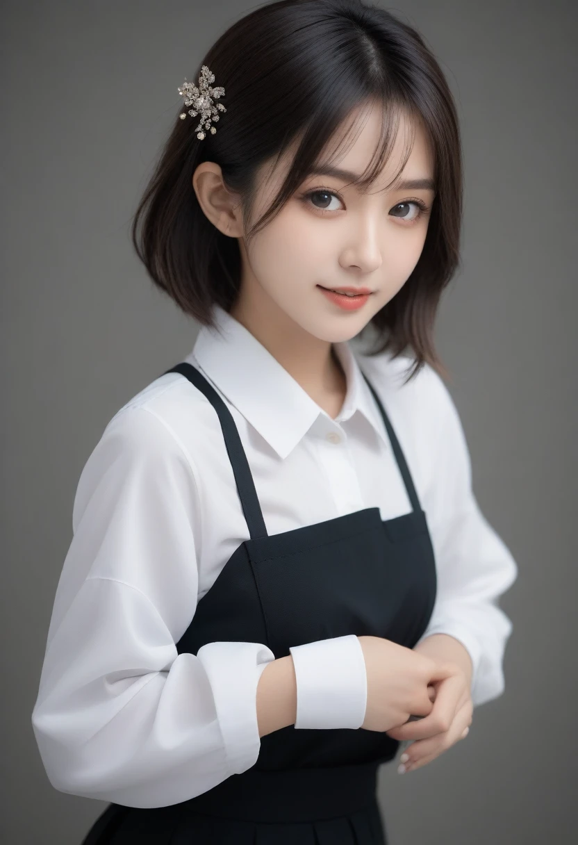 8k, Ultra-high resolution, Highest quality, masterpiece, 三分割法によるphotograph,Surreal, photograph, 1 girl, (16 years old:1.3), pretty girl, Cute face, Beautiful eyes in every detail, 細かくdetailedに,masterpiece,, One Girl:1.2, Japan Female Announcer,Young Wife,Urban area,whole body, Beautiful Face, (Skin with attention to detail:1.2), White shirt,Black Pencil Skirt,suspenders,Black garter stockings,Short Bob,Looking at the audience、beauty,Long neck、Laugh a little、Please close your mouth and laugh、(((Ideal body type))),A-cup small breasts :2,、Portraiture:2、Perfect Anatomy、鮮明なdetailed、detailed、Surreal、Light and shadow,Strong light