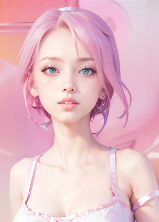 young woman, short shoulder-length pink hair, wide forehead, porcelain skin, pink eyebrows, big emerald green eyes, buttoned nose, full lips, heart-shaped face, slender body, small breasts, red tank top, Sakura Haruno , realistic, realism, details, 3d, well detailed
