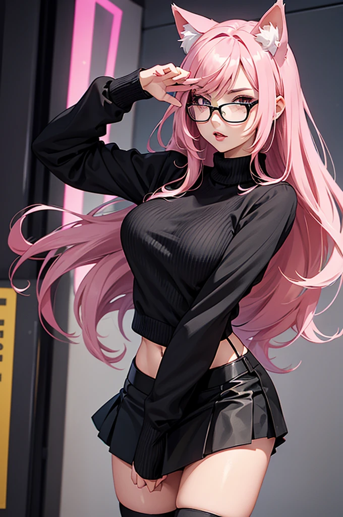 Tall girl with pink hair with cat ears wears a short black sweater and a short black skirt and black stockings on her legs with big breasts and wide hips and wears glasses and has a pink cat tail and a cute expression