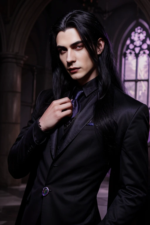 young handsome hetero Man Jinx Edward vampire with big indigo-eyes and gems and long black hair, with nice and delicate face, in a dark gothic magic castle