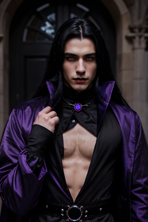 young handsome hetero Man Jinx Edward vampire with big indigo-eyes and gems and long black hair, with nice and delicate face, in a dark gothic magic castle