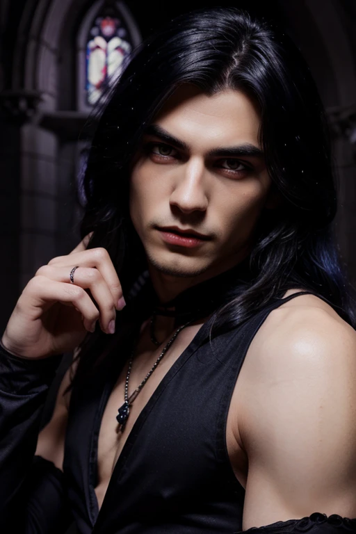 young handsome hetero Man Jinx Edward vampire with big indigo-eyes and gems and long black hair, with nice and delicate face, in a dark gothic magic castle