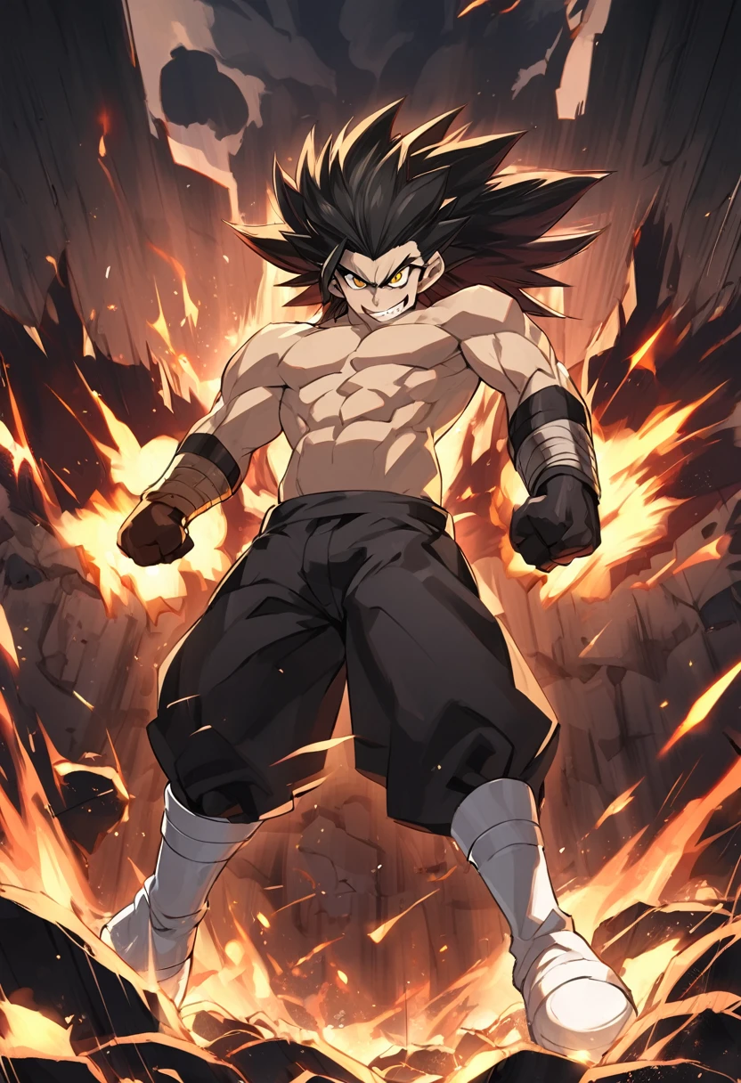 dragon ball style, a man, strong, feared Saiyan, tall size, long straight black hair, yellow eyes, Saiyan warrior clothes, wearing black pants, white boots, no shirt, evil smile, dark look, dark aura, destruction background