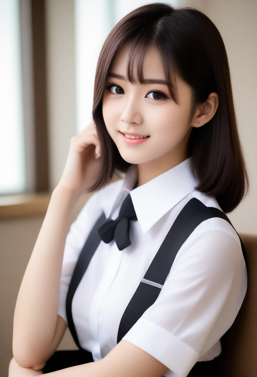 8k, Ultra-high resolution, Highest quality, masterpiece, 三分割法によるphotograph,Surreal, photograph, 1 girl, (:1.3), pretty girl, Cute face, Beautiful eyes in every detail, 細かくdetailedに,masterpiece,, One Girl:1.2, Japan Female Announcer,Young Wife,Urban area,whole body, Beautiful Face, (Skin with attention to detail:1.2), White shirt,Black Pencil Skirt,suspenders,Black garter stockings,Short Bob,Looking at the audience、beauty,Long neck、Laugh a little、Please close your mouth and laugh、(((Ideal body type))),A-cup small breasts :2,、Portraiture:2、Perfect Anatomy、鮮明なdetailed、detailed、Surreal、Light and shadow,Strong light