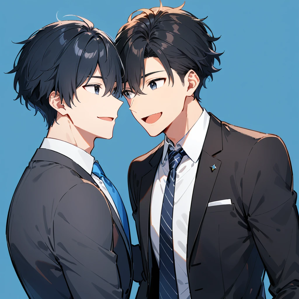 1boy, blue background, necktie, male focus, black hair, blue eyes, simple background, smile, formal, open mouth, suit, black eyes, upper body, shirt, looking at another, short hair, collared shirt, jacket, , ((medium quality)), ((medium quality))