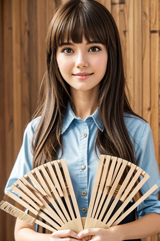 Girl white skin brown hair and bangs executive holding a fan made with clothespins