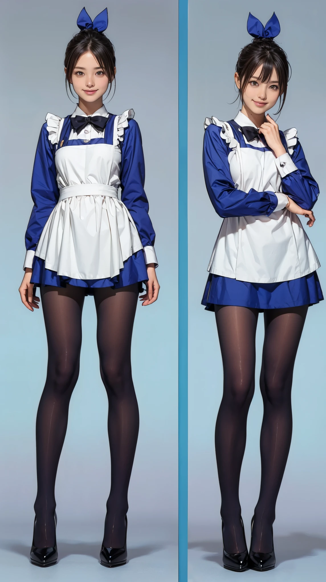((masterpiece)),(((Highest quality))),((Character design sheet)),Thin thighs,Long legs,Bunny girl in a light blue maid outfit:1.5,Wearing light blue tights:1.5,The best smile:1.5,Full Body Shot:1.5,Gray background:1.5,Wearing black high heels:1.5,short cut side waves:1.5,