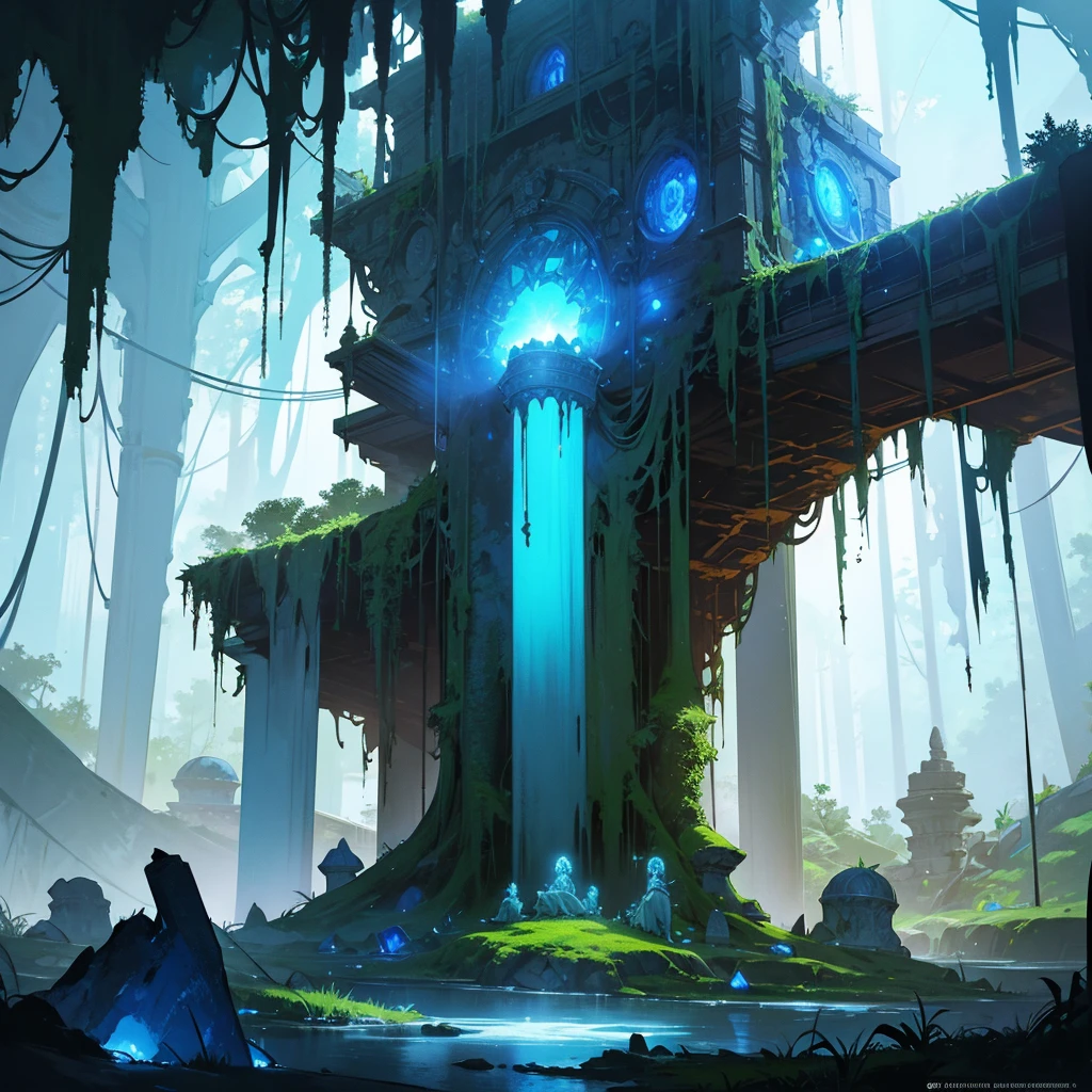 a vast underground ruin base, glowing with a mesmerizing blue light, intricate architecture, overgrown with moss and vines, ancient statues, mysterious artifacts, moody atmosphere, cinematic lighting, photorealistic, highly detailed, 8k, masterpiece, concept art