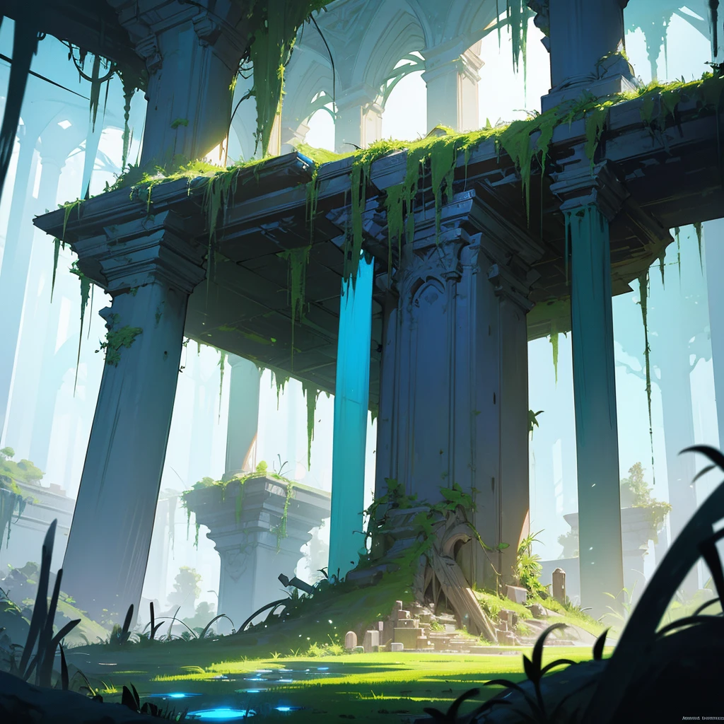 a vast underground ruin base, glowing with a mesmerizing blue light, intricate architecture, overgrown with moss and vines, ancient statues, mysterious artifacts, moody atmosphere, cinematic lighting, photorealistic, highly detailed, 8k, masterpiece, concept art