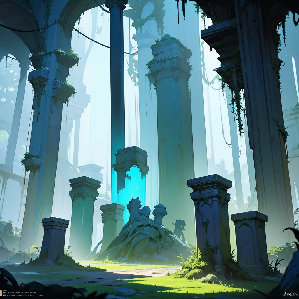 a vast underground ruin base, glowing with a mesmerizing blue light, intricate architecture, overgrown with moss and vines, ancient statues, mysterious artifacts, moody atmosphere, cinematic lighting, photorealistic, highly detailed, 8k, masterpiece, concept art
