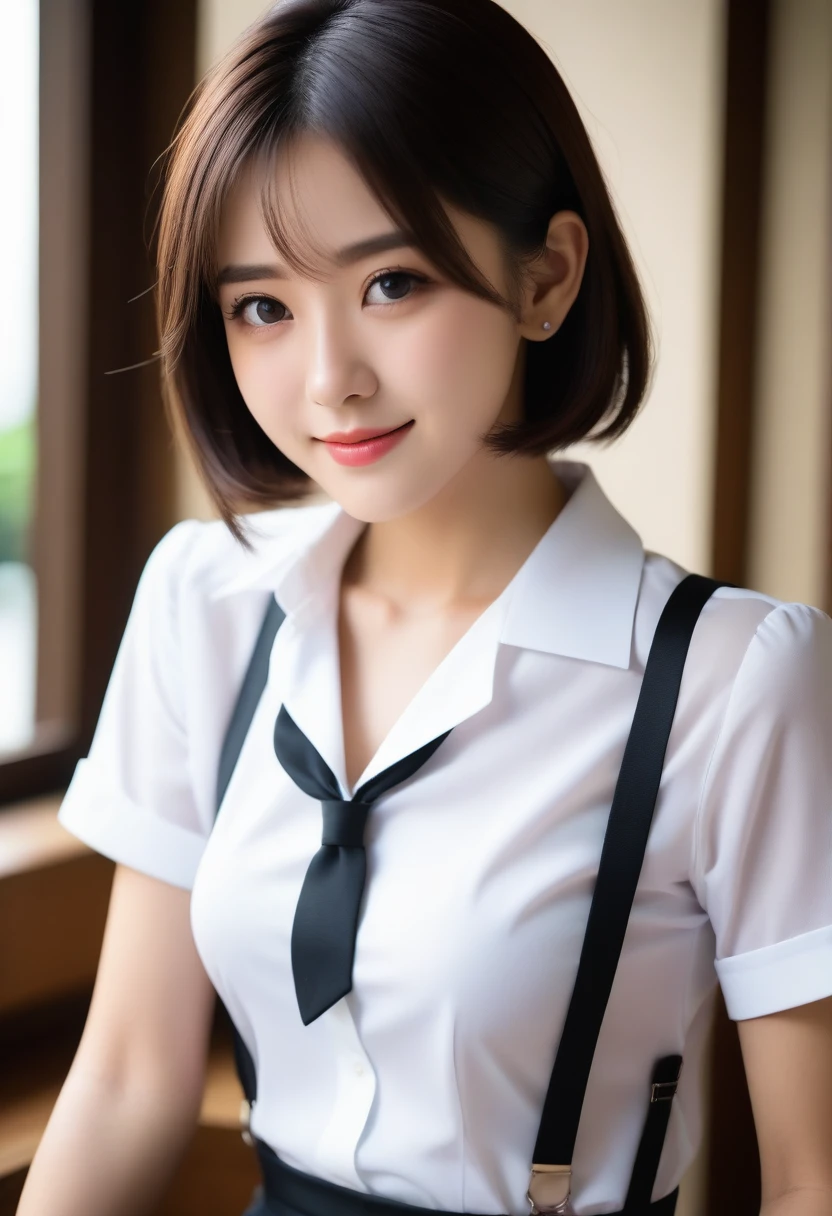 8k, Ultra-high resolution, Highest quality, masterpiece, 三分割法によるphotograph,Surreal, photograph, 1 girl, (16 years old:1.3), pretty girl, Cute face, Beautiful eyes in every detail, 細かくdetailedに,masterpiece,, One Girl:1.2, Japan Female Announcer,Young Wife,Urban area,whole body, Beautiful Face, (Skin with attention to detail:1.2), White shirt,Black Pencil Skirt,suspenders,Black garter stockings,Short Bob,Looking at the audience、beauty,Long neck、Laugh a little、Please close your mouth and laugh、(((Ideal body type))),A-cup small breasts :2,、Portraiture:2、Perfect Anatomy、鮮明なdetailed、detailed、Surreal、Light and shadow,Strong light