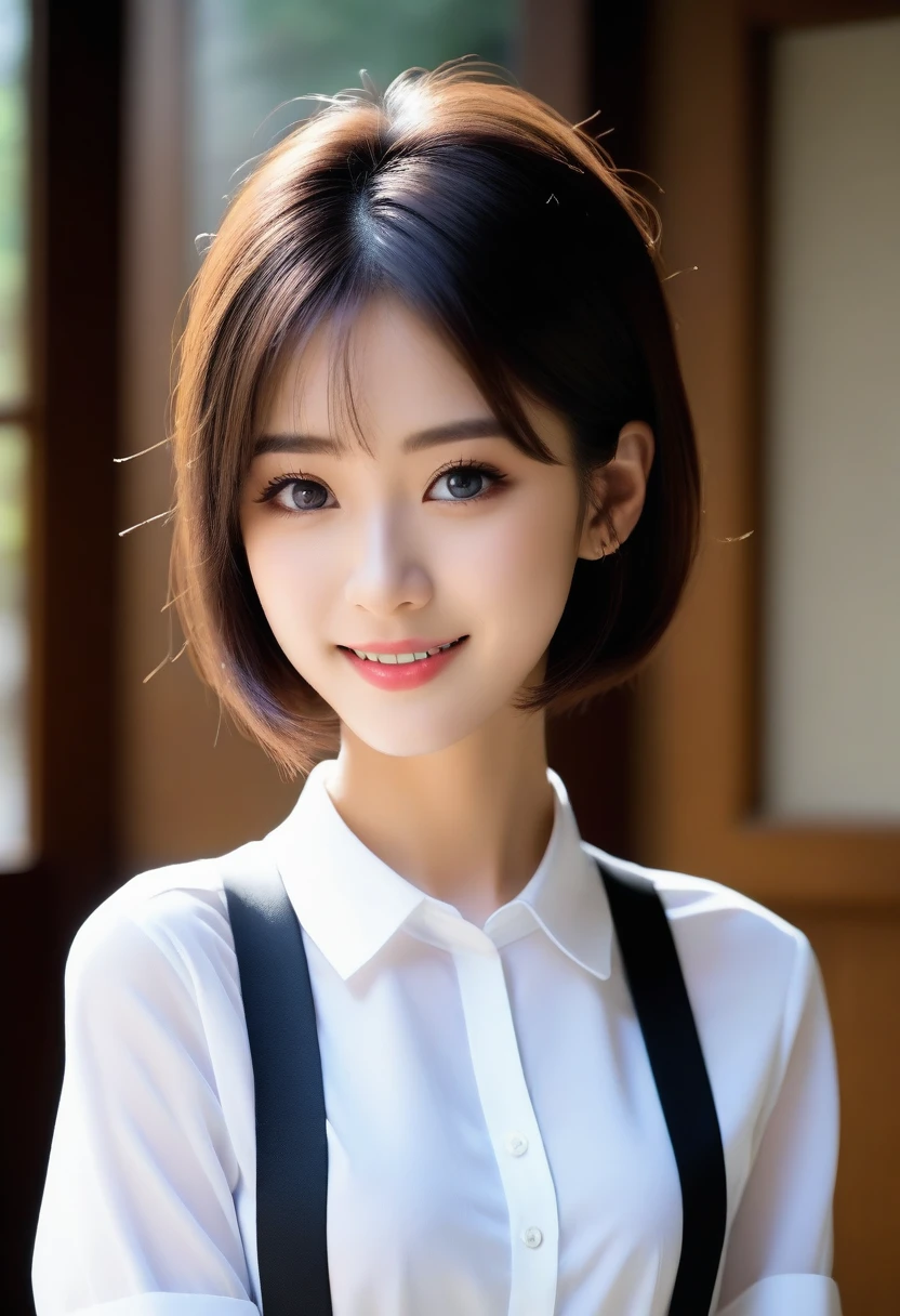 8k, Ultra-high resolution, Highest quality, masterpiece, 三分割法によるphotograph,Surreal, photograph, 1 girl, (16 years old:1.3), pretty girl, Cute face, Beautiful eyes in every detail, 細かくdetailedに,masterpiece,, One Girl:1.2, Japan Female Announcer,Young Wife,Urban area,whole body, Beautiful Face, (Skin with attention to detail:1.2), White shirt,Black Pencil Skirt,suspenders,Black garter stockings,Short Bob,Looking at the audience、beauty,Long neck、Laugh a little、Please close your mouth and laugh、(((Ideal body type))),A-cup small breasts :2,、Portraiture:2、Perfect Anatomy、鮮明なdetailed、detailed、Surreal、Light and shadow,Strong light 