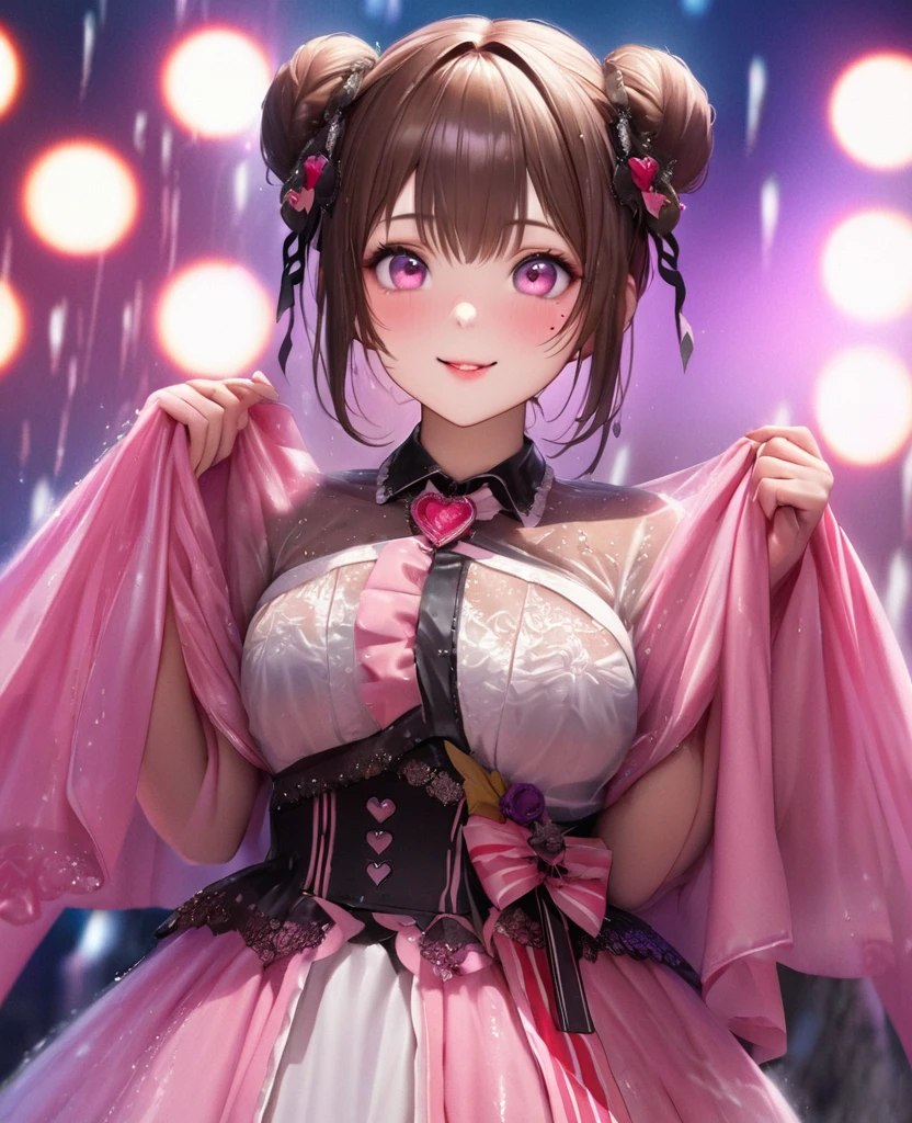 One Girl、Looking at the audience、lovely,
Beautiful pink eyes、Two brown double hair buns , Mole under the eye、Plump and glossy lips、Heart-shaped choca、Idol、Her name is May,smile、ー、。.。.。.。.。.。.。.。.。.。.。.。.。.。.。.。.。.。.3D、Realistic、
The idol's costume was soaked in the heavy rain, and her chest was wet and transparent.Heavy rain at outdoor concert, Drape clothes、gem、The decoration has been removed、Floral、Lace trim,On a glittering stage、
masterpiece、highest quality、8k、Detailed skin texture、Detailed cloth texture、Beautifully detailed face、Intricate details、Very detailed、
超A high resolution、8k Ultra HD、Film Grain、Best Shadow、delicate、Gazing at the audience、front