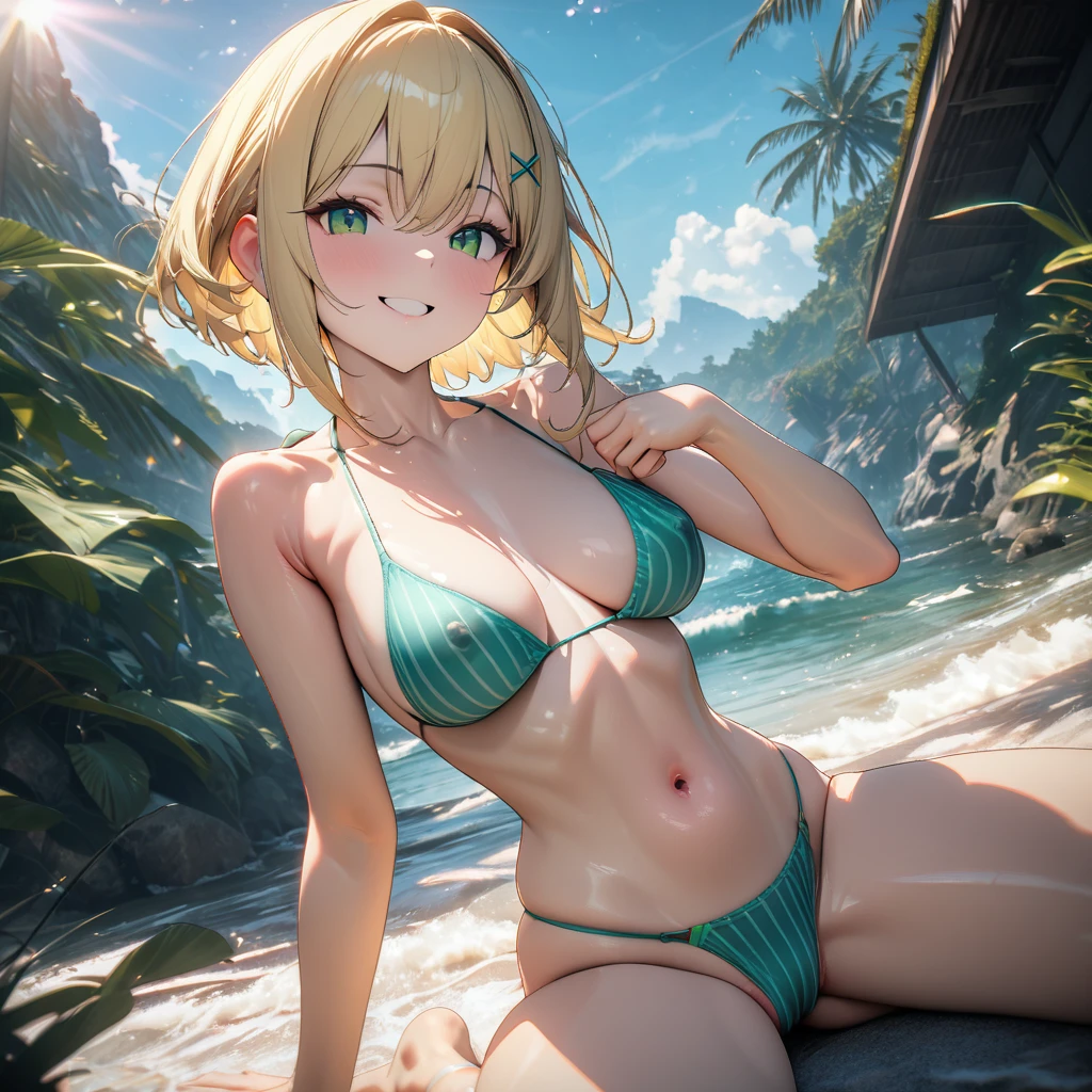 (finely detail:1.4), 1girl, (short stature), (slender), narrow waist, yellow blonde hair, short hair, short hair with short locks, side locks, X hairpin, (green eyes), smile, wariza,medium breasts, ((horizontal striped pattern)), (green striped bikini) , cameltoe, covered erectile nipples, (8K, ultra high res, masterpiece, best quality:1.3)(sunny place outdoors:1.4),