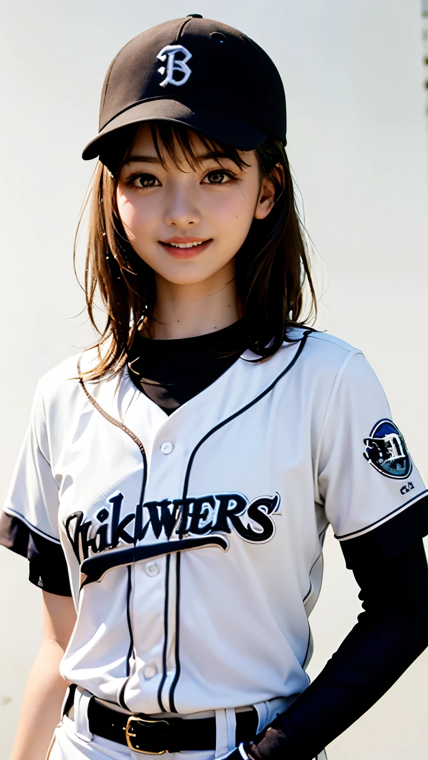 (Highest quality、8k、32K、masterpiece)、(Realistic)、(Realistic:1.2)、(High resolution)、Very detailed、Very beautiful face and eyes、1 Girl、Round and small face、Tight waist、(close、Highest quality、Attention to detail、Rich skin detail)、(Highest quality、8k、Oil paints:1.2)、(Realistic、Realistic:1.37)、Bright colors、(((Brown Hair)))、(((Upper Body Shot)))、(((Medium Hair)))、(((White wall background)))、(((Fun Expressions)))、(((Baseball uniforms)))、(((Black and white uniform)))、(((smile)))、(((short hair、Baseball cap)))、Black Uniform、(((Brown Hair)))