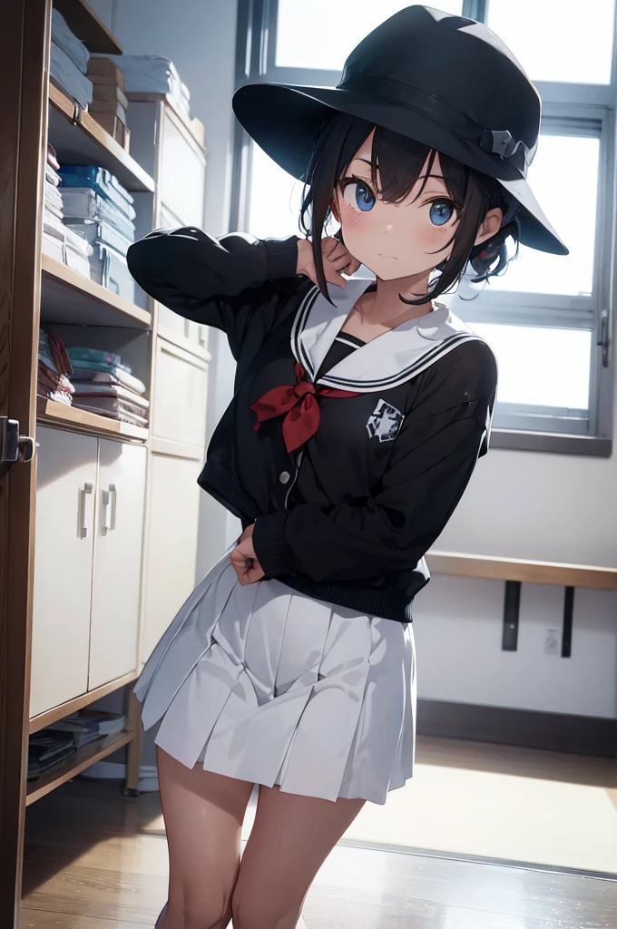 Top-Quality, Futuristic Atmosphere: 1.5,
japanese school girl (a la Jay Kay),tween, cute,detailed face, stylish hat: 1.4,black school-uniform: 1.3,
Dancing in a minimalistic white room: 1.5,(Room without window),simple room with only a sofa,
Sleek, clean design with a glossy white floor: 1.4,(White furniture),
Subtle reflections on the floor, 
Slightly surreal, reminiscent of the iconic music video 'Virtual Insanity' by jamiroquai,