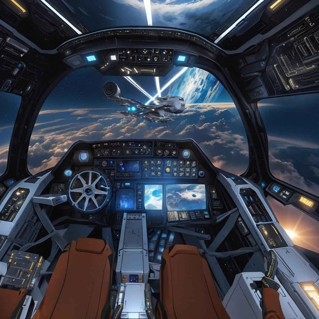 spaceship cockpit with view of the earth and sky from the cockpit, in a spaceship cockpit, cockpit view, first-person view, first - person view, first person view, first person screenshot, luminous cockpit, first-person pov, detailed spaceship interior, inside future fighter, first person view perspective, inside a space ship