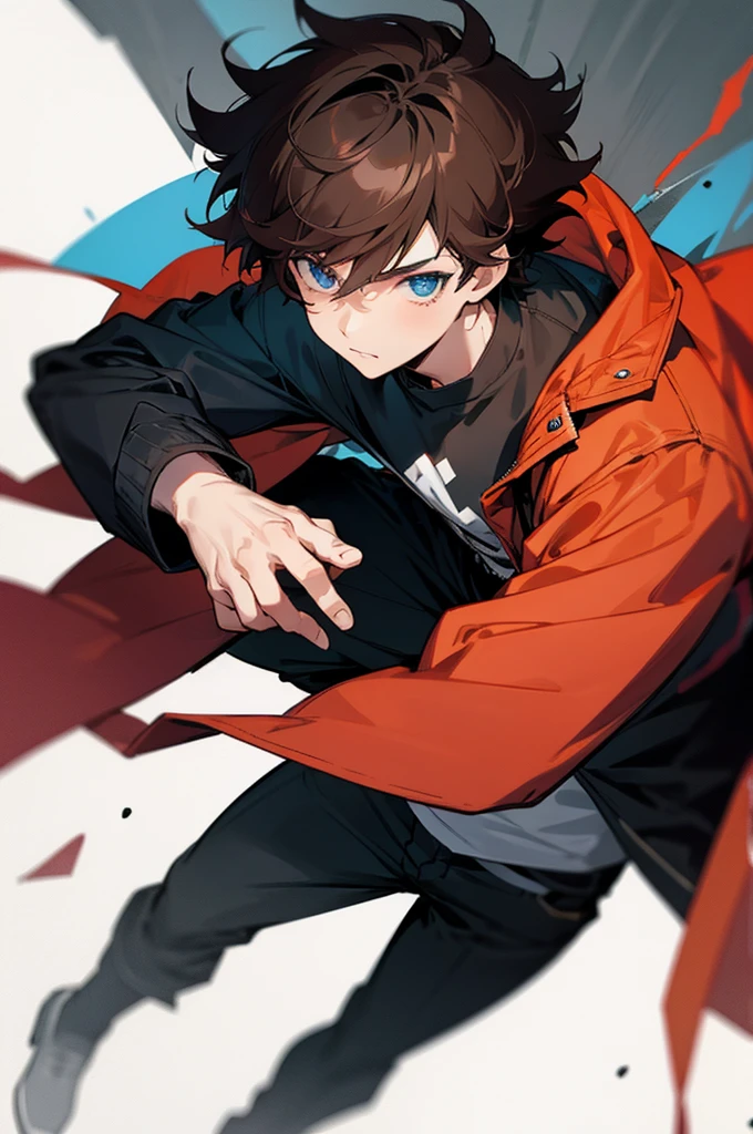 anime, boy, Brown hair, short hair, blue eyes, stylish jacket, black pants, Messy hair,
