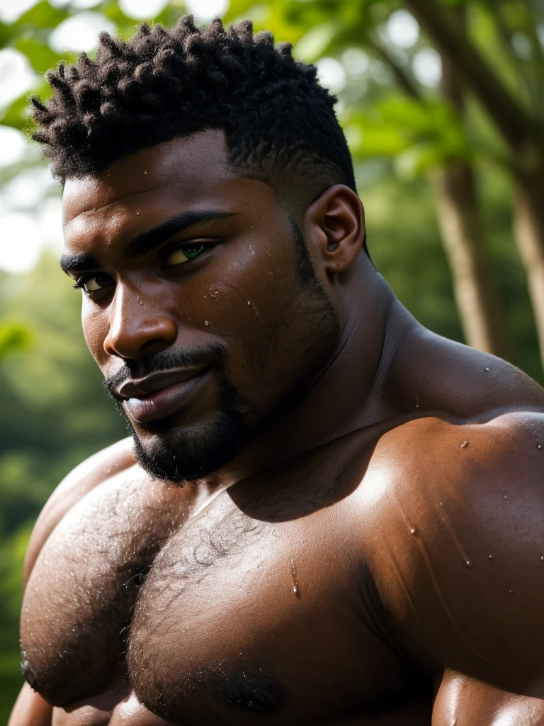 (solo, african black male), extreme close-up, portrait, masculine, square jaw, cleft chin, stubble, handsome, parted smile, (chubby:0.1), beautiful brown green, thick eyebrows, eyelashes, sweating, ultra skin texture, hairy body. (4K, MASTERPIECE, HDR, HD, HIGH QUALITY, NATURE BACKGROUND, sunlight from behind, ULTRA DETAILED, DETAILED HAIR, FACIL HAIR, ULTRA REALISTIC, PHOTOREALISTIC, SHARP DETAILS, MICRO HAIR:1.0).