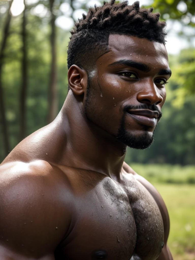 (solo, african black male), extreme close-up, portrait, masculine, square jaw, cleft chin, stubble, handsome, parted smile, (chubby:0.1), beautiful brown green, thick eyebrows, eyelashes, sweating, ultra skin texture, hairy body. (4K, MASTERPIECE, HDR, HD, HIGH QUALITY, NATURE BACKGROUND, sunlight from behind, ULTRA DETAILED, DETAILED HAIR, FACIL HAIR, ULTRA REALISTIC, PHOTOREALISTIC, SHARP DETAILS, MICRO HAIR:1.0).