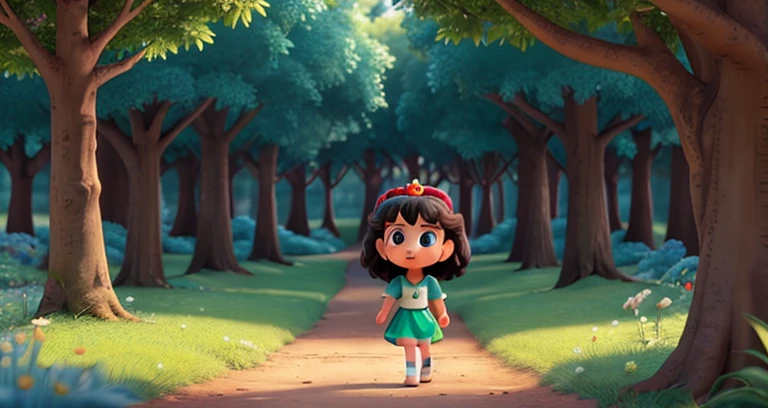 create a PIXAR-style image of a children's cartoon, set in the forest, of a princess finding a necklace that has the colors blue, green, white and red