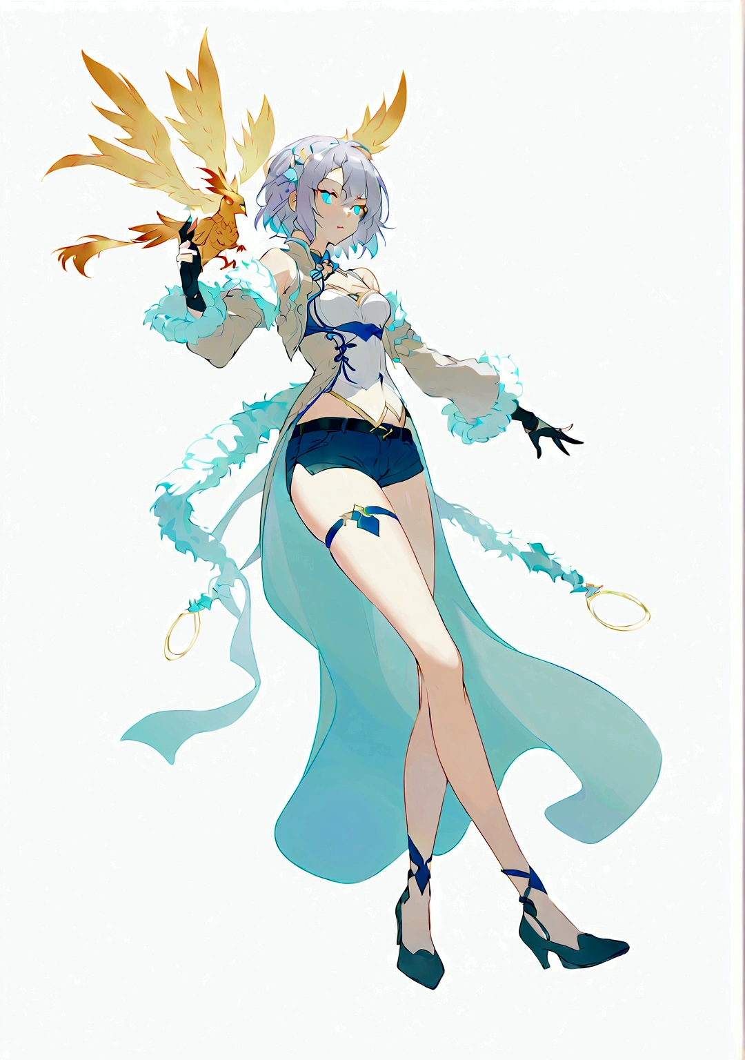 A stylish female assassin, 19 years old, with short hair and a deep voice. She embodies the essence of a phoenix. She wears a black leather jacket and denim shorts, with a dagger attached to her thigh. She stands confidently in an urban background, exuding a strong and rebellious attitude. Her appearance should subtly incorporate elements of a phoenix, such as fiery hair color or glowing eyes, but not too overtly.