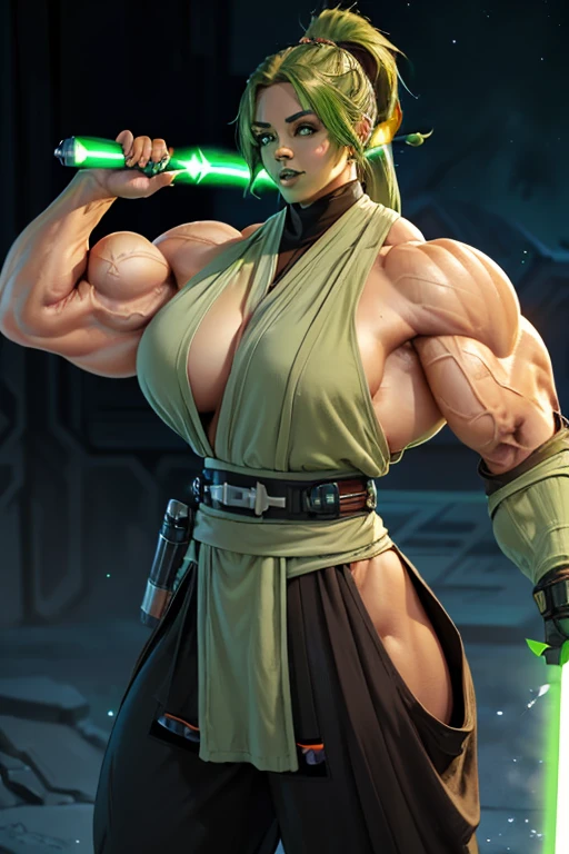 ((((Massive, tall, beautiful, buff, muscular light brown skinned female Jedi with green hair, black lipstick, ginormous bulky muscles, holding a lightsaber and wearing an all green Jedi outfit and Jedi pants)))), (close view), black eyeliner, massive muscles, massive biceps, hyper muscle triceps, (long curvy hair), orange eyes, Jedi boots, In space, Jedi outfit, Jedi pants, nighttime, confident smile, hyper muscles arms, hyper muscle legs, (massive arms)