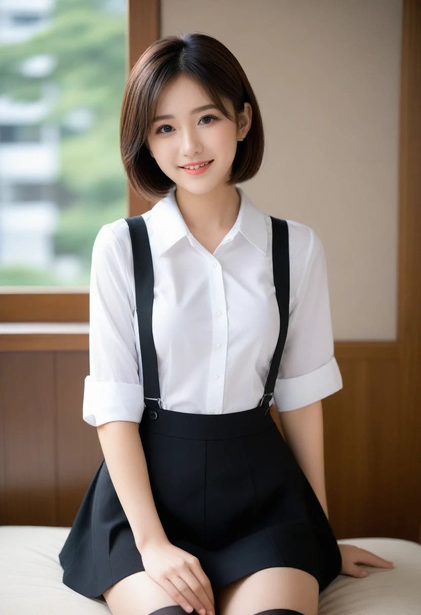 8k, Ultra-high resolution, Highest quality, masterpiece, 三分割法によるphotograph,Surreal, photograph, 1 girl, (:1.3), pretty girl, Cute face, Beautiful eyes in every detail, 細かくdetailedに,masterpiece,, One Girl:1.2, Japan Female Announcer,Young Wife,Urban area,whole body, Beautiful Face, (Skin with attention to detail:1.2), White shirt,Black Pencil Skirt,suspenders,Black garter stockings,Short Bob,Looking at the audience、beauty,Long neck、Laugh a little、Please close your mouth and laugh、(((Ideal body type))),A-cup small breasts :2,、Portraiture:2、Perfect Anatomy、鮮明なdetailed、detailed、Surreal、Light and shadow,Strong light