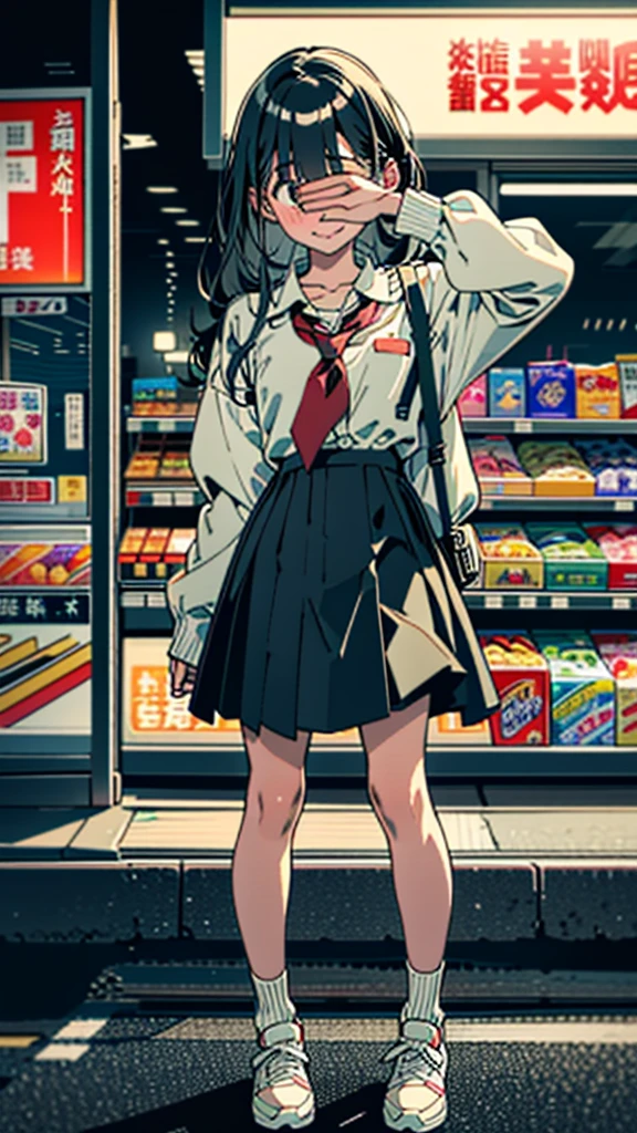 (8k, RAW Photos, 最high quality, masterpiece:1.2), high qualityのRAWカラー写真, Professional photo shoot, Cinematic Light, alone, (((young woman, Gal))), (Sharp features), (Small face), (Skin with attention to detail:1.2), clavicle, Cute face, Beautiful appearance, Long eyelashes,Girl Turning Around, smile, (Black Hair, Long straight line), high school student, Red tie, High 、White shirt, Check skirt, Night Park, Confident attitude, Capture the happy moment, Artistic painting,Attractive thighs, loose socks:1.2, sneakers:1.2, (A very fine touch:1.2), (はにかんだsmile), Peaceful atmosphere, Oil painting style, Dark colors, (Are standing:1.5, Inside a convenience store, Full body portrait), Smooth texture, Gazing Eyes, Beautiful Skin, Shiny skin, ((Perfect Fingers, Five Fingers, Anatomically correct)), Background Blur, high quality, Surreal, ((Very detailed, photo shoot)),(Skirt flip、I can see her panties),,(((Skirt flip、Sexy panties are in sight)))、A large number of people、blush、plump、night、深night、Hide your eyes with one hand
