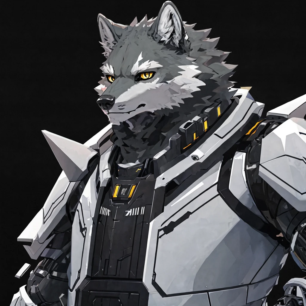 fang, dogboy,wolf, Gray Wolf，UHD，Well-armored mechanical wolf，Golden pupils，Black pupils，Platinum Mech，Pure black background，White eyebrows，individual