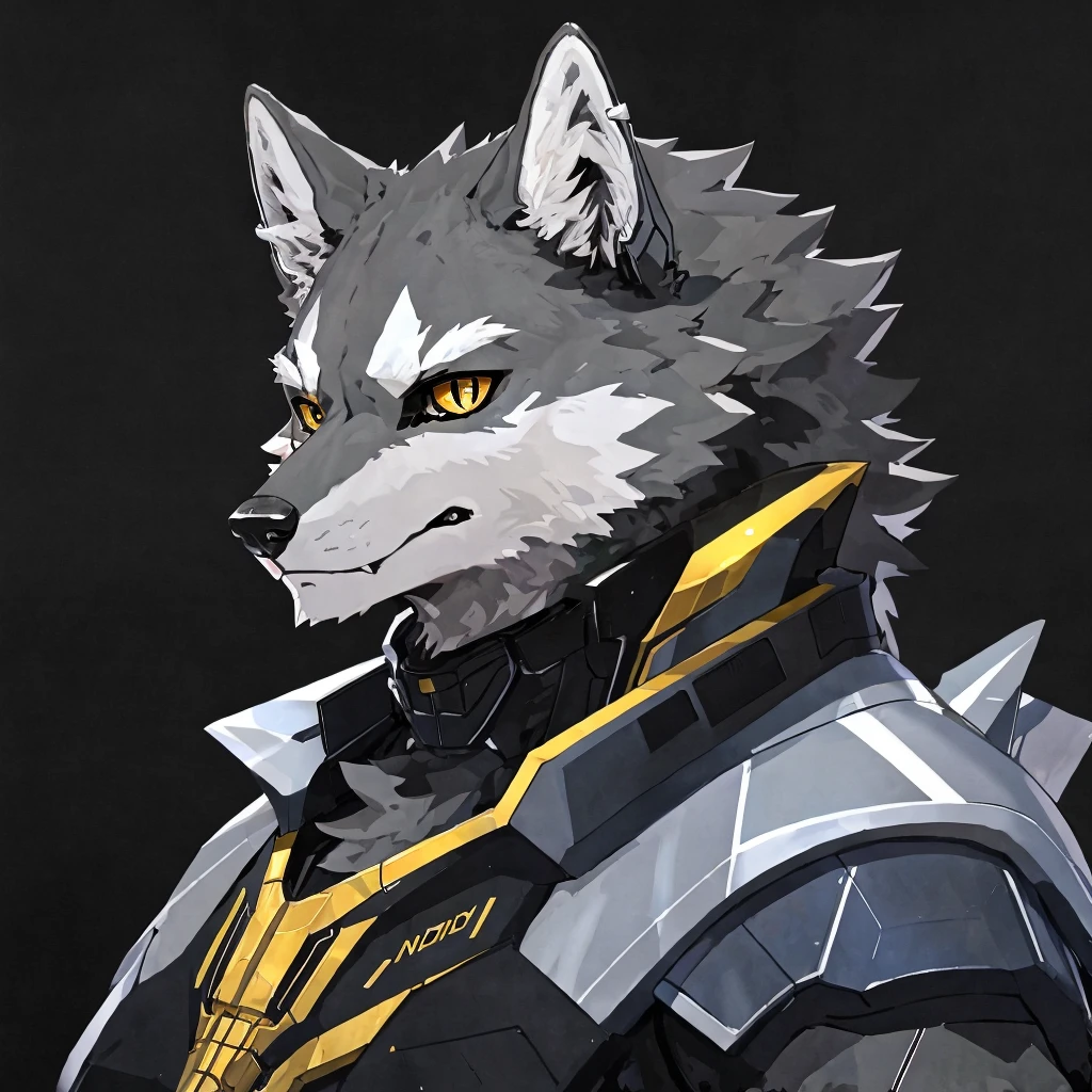 fang, dogboy,wolf, Gray Wolf，UHD，Well-armored mechanical wolf，Golden pupils，Black pupils，Platinum Mech，Pure black background，White eyebrows，individual